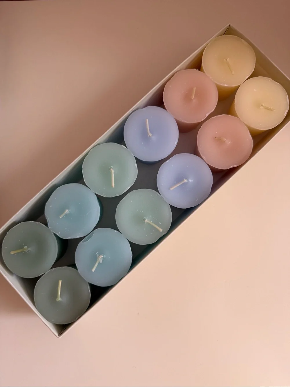 NEW Votive Candles Set of 12 Pastel Colors Unscented Boxed Pillar 2” Tall